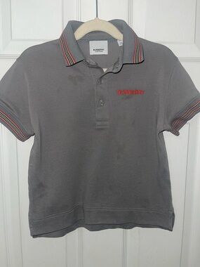 Burberry Grey Kids Polo with Red Logo and Striped Trim